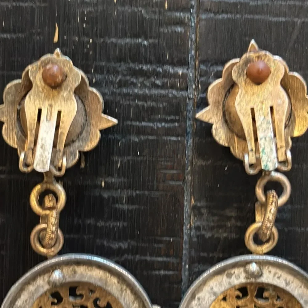 Vintage Victorian Stone Clip On Drop Dangle Earrings​​​